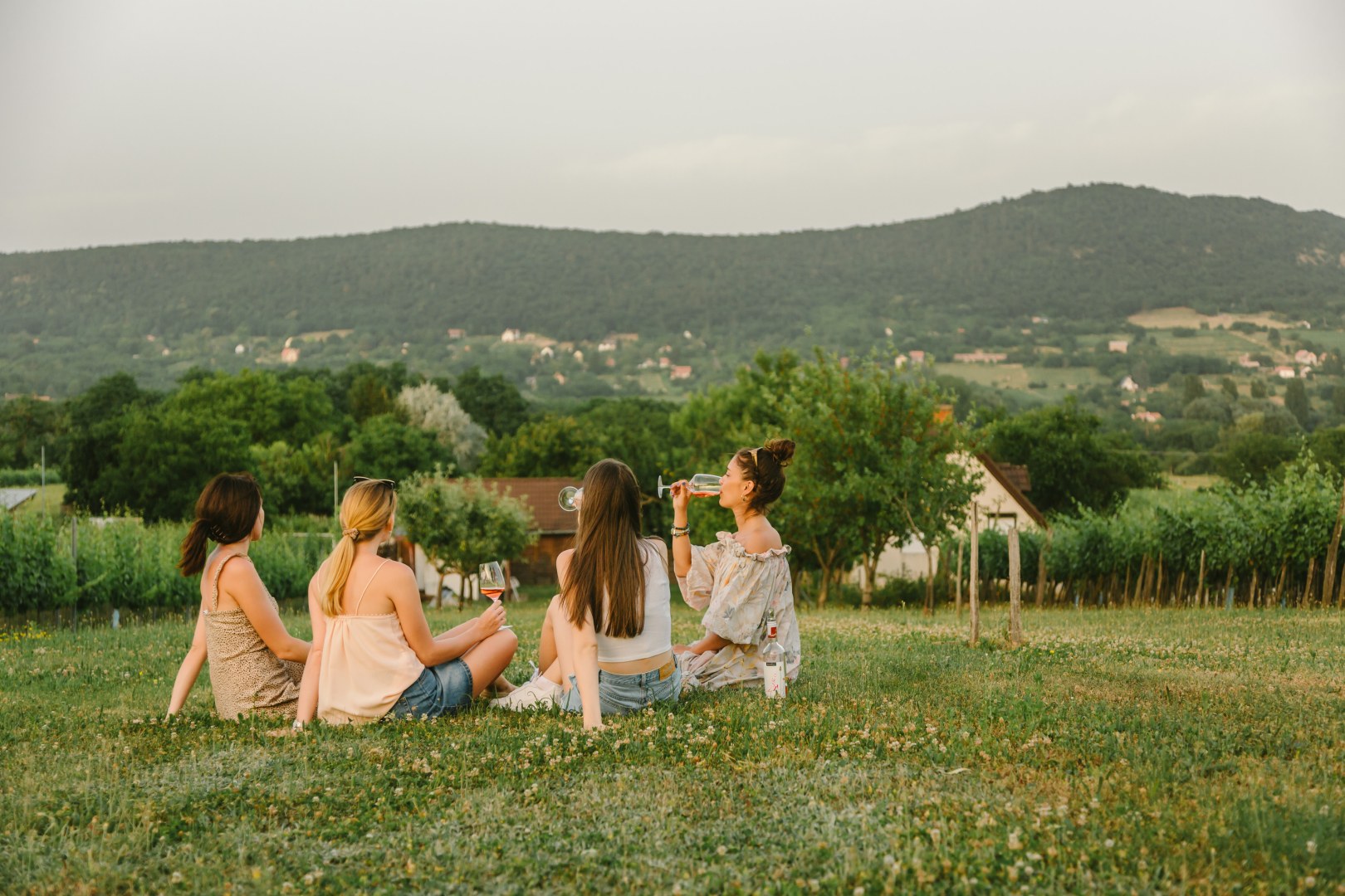 Four women enjoying a glass of wine outdoors at Borbély Winery, surrounded by vineyards and the scenic hills of the Badacsony wine region in Hungary.