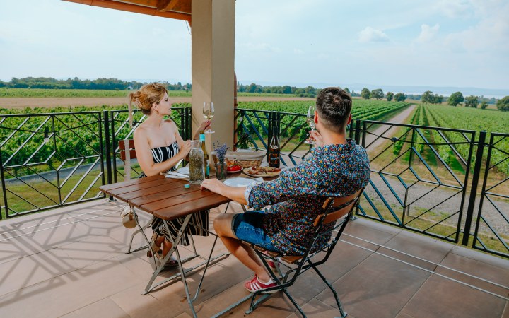 Androsics borkóstoló a hatalmas kóstolóteraszon, balatoni panorámával