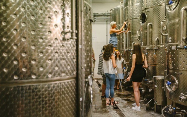 Dóka Éva wine tasting in an industrial heritage building